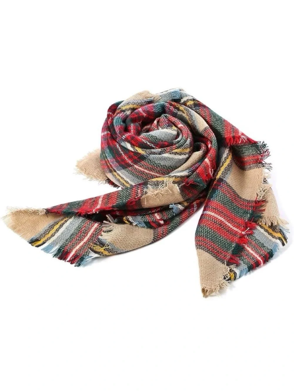 Plaid Fringe Blanket Scarf - Beige, Red & Green
